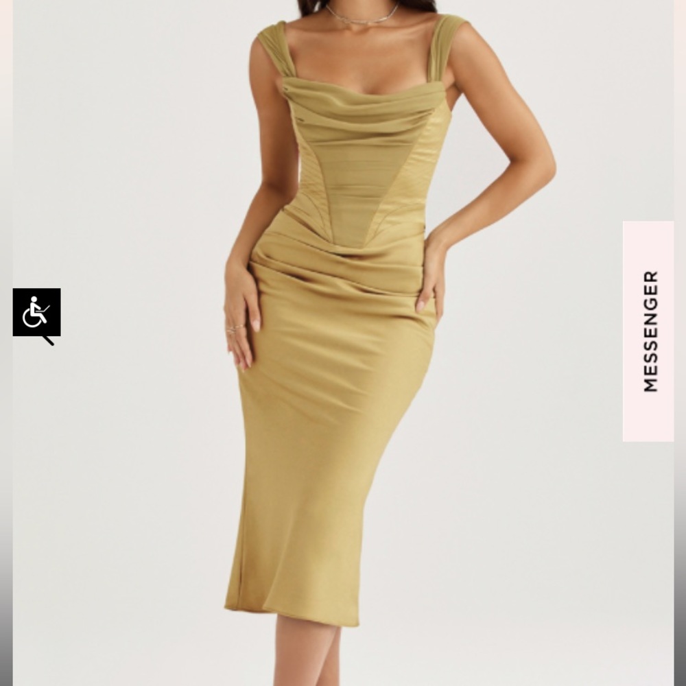 House Of CB. NATALYA Olive Satin Corset Midi Dress. Size Small.